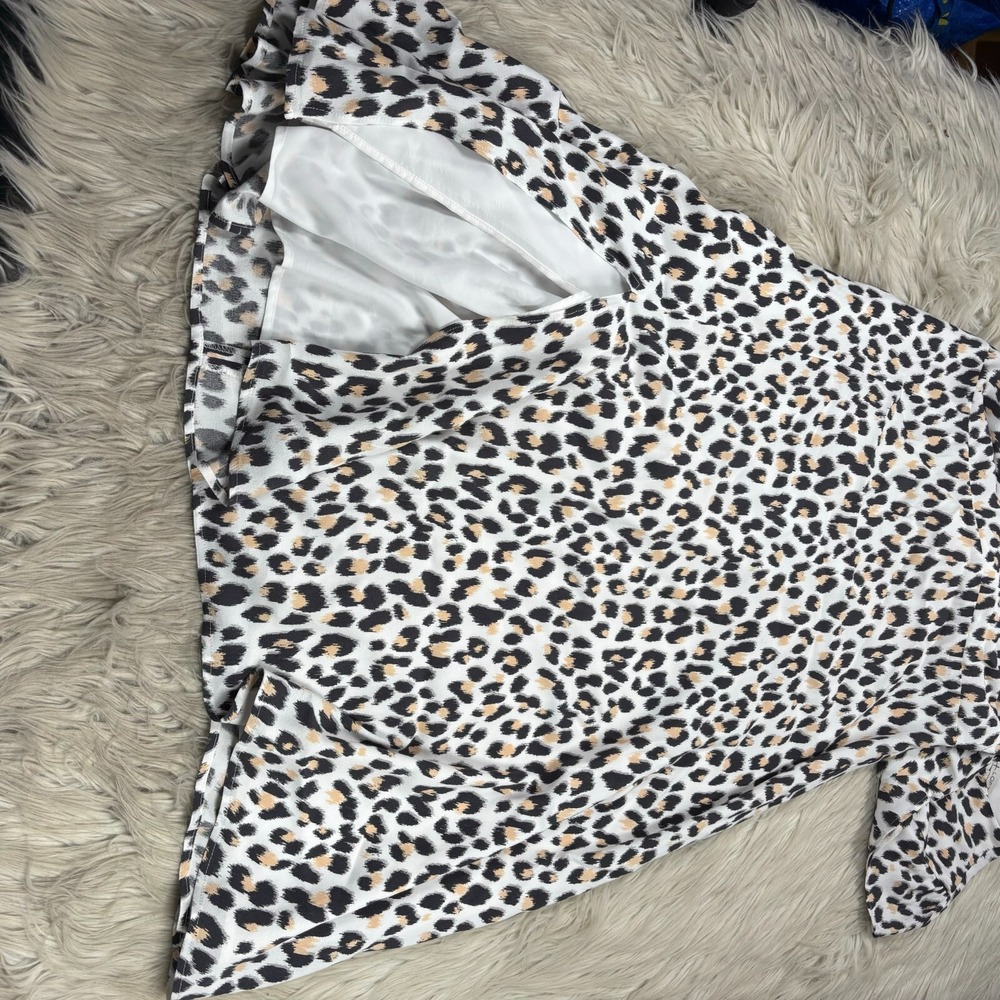 LOFT Women's 12 White Gray Leopard Print Fit Flare Midi Dress Short Sleeve - Picture 3 of 7